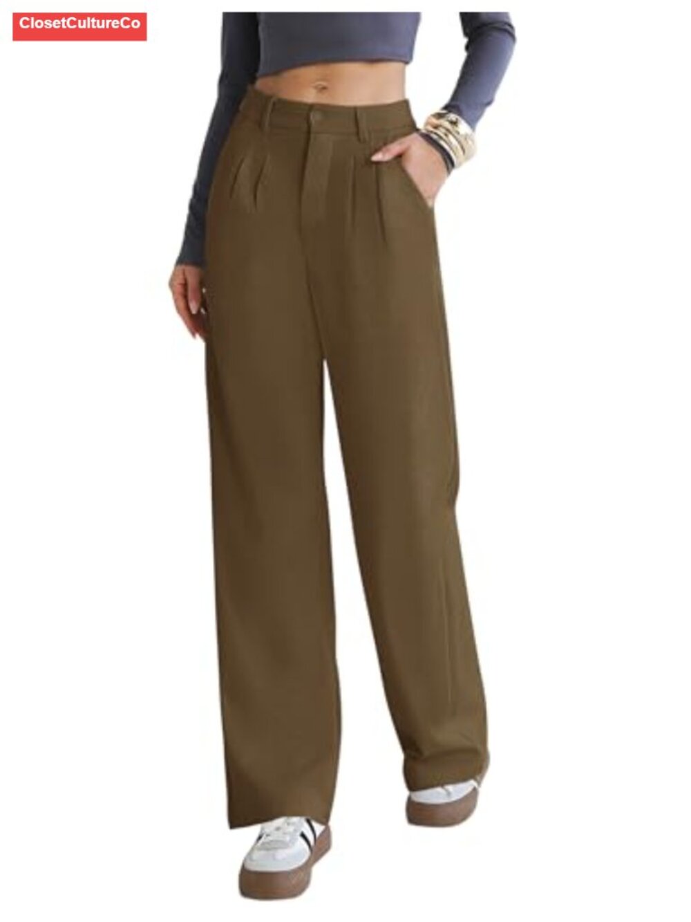 Womens Wide Leg Pleated Trousers Herringbone Warm Business Casual Palazzo Pants